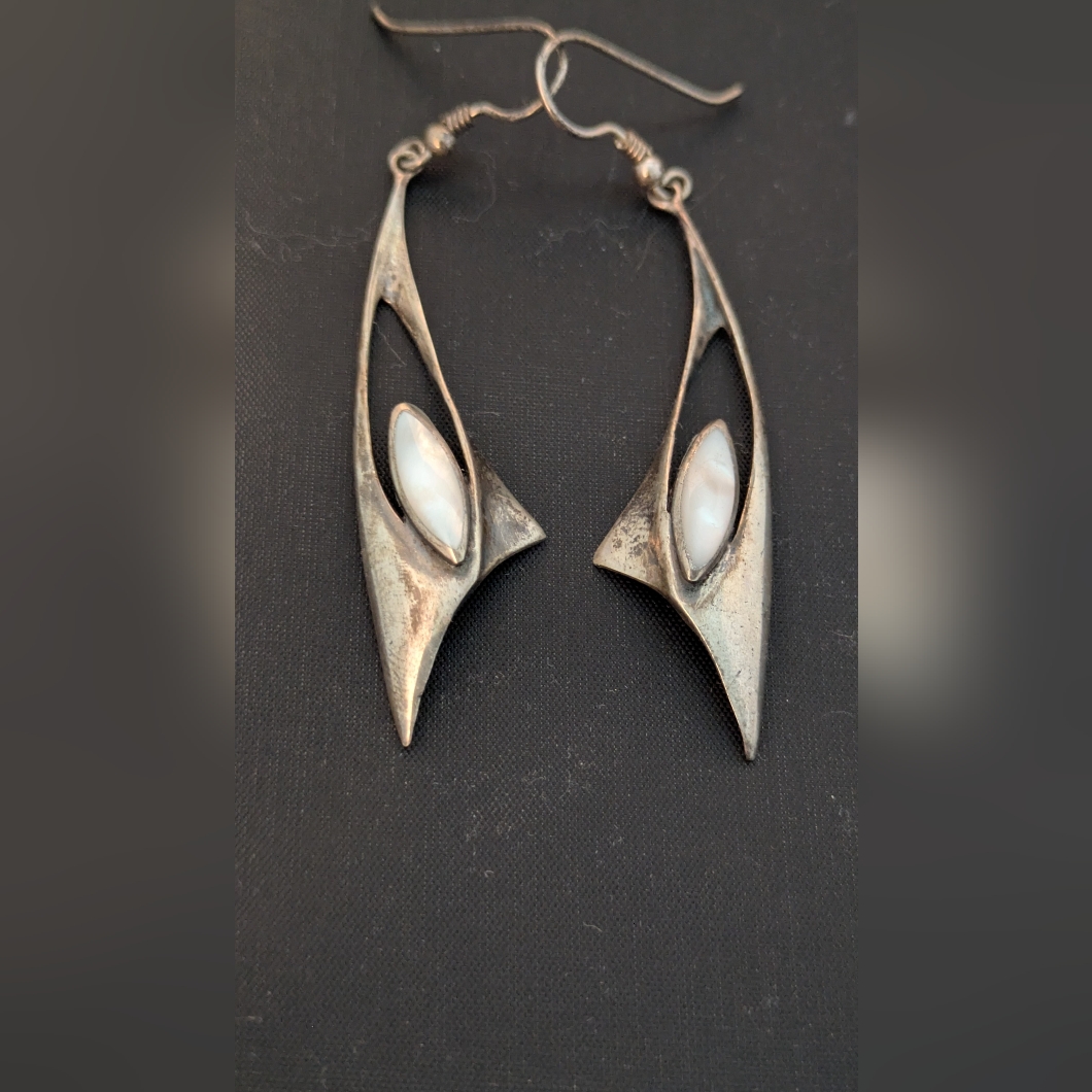 Vintage 925 Sterling Silver Dangle Earrings With Luminous Mother Of Pearl Mcm 65$